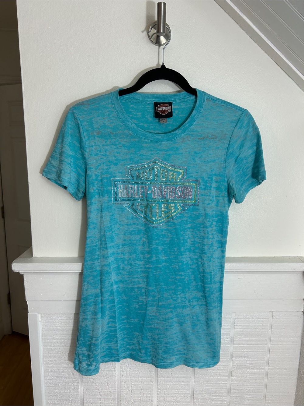 Harley-Davidson Aqua Teal Glitter Logo Tee Battlefield Gettysburg size large